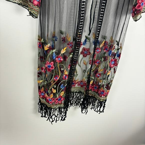 Asha Embroidered Kimono Coverup – Sheer Tassel Long Swim Duster OS - Picture 4 of 7